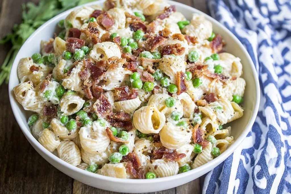 Creamy Pasta Salad with shell pasta, peas, crispy bacon, and parmesan in a creamy mayo dressing, served in a white bowl.