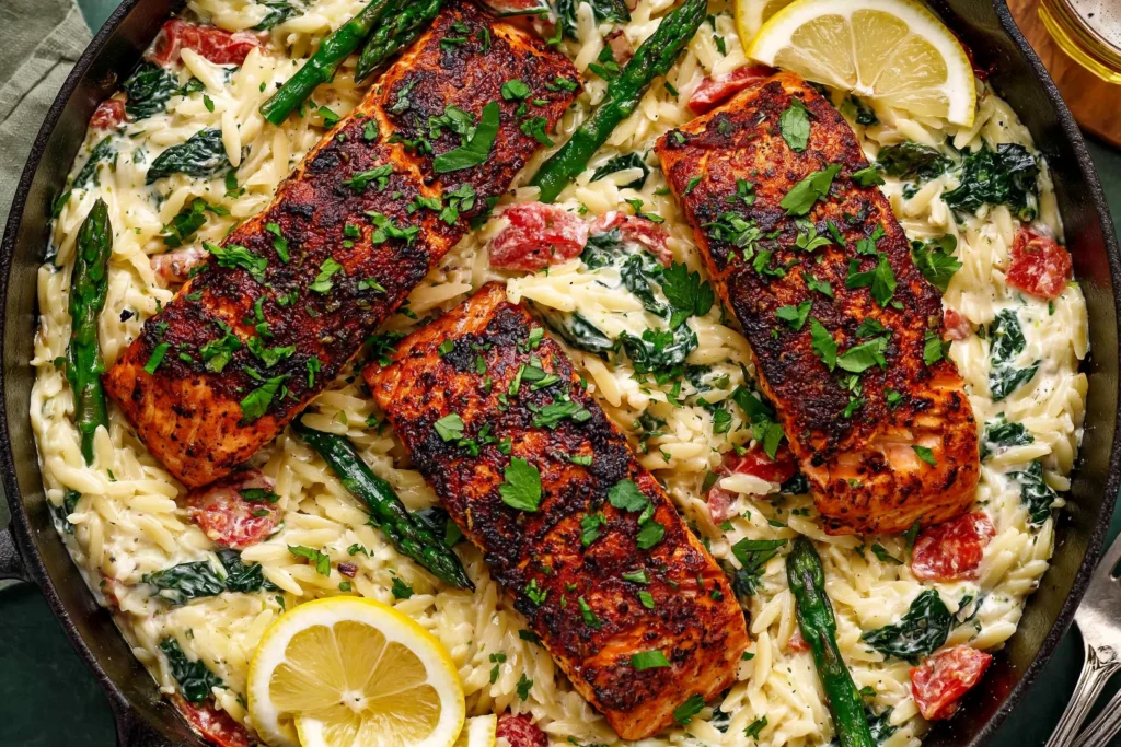 Creamy Salmon Orzo in a skillet with blackened salmon fillets, creamy Parmesan orzo, spinach, asparagus, tomatoes, and fresh lemon slices.