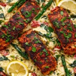 Creamy Salmon Orzo in a skillet with blackened salmon fillets, creamy Parmesan orzo, spinach, asparagus, tomatoes, and fresh lemon slices.