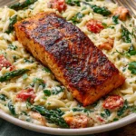Creamy Salmon Orzo served with perfectly seared salmon, creamy Parmesan orzo, spinach, and roasted red peppers in a one-pan dinner.