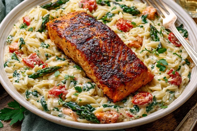 Creamy Salmon Orzo served with perfectly seared salmon, creamy Parmesan orzo, spinach, and roasted red peppers in a one-pan dinner.