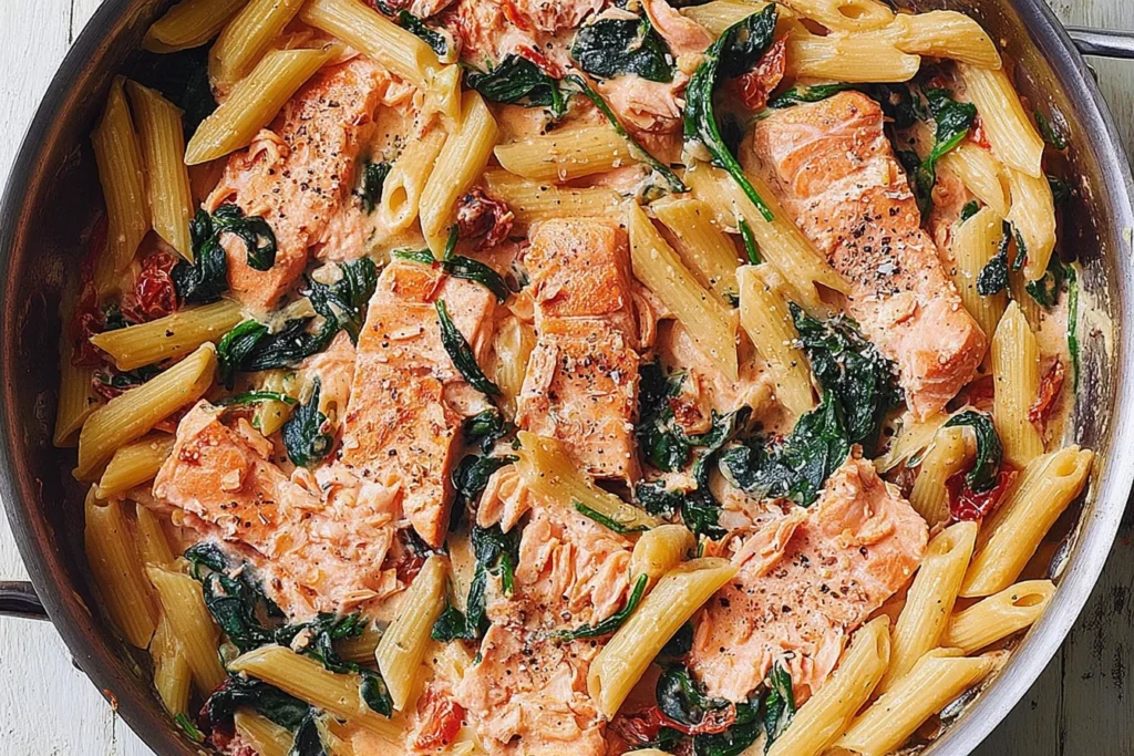 Salmon Pasta with Sun-Dried Tomato Cream Sauce in a skillet with flaky salmon, penne, spinach, and creamy tomato garlic sauce.