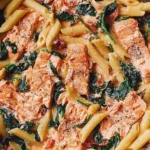Salmon Pasta with Sun-Dried Tomato Cream Sauce in a skillet with flaky salmon, penne, spinach, and creamy tomato garlic sauce.