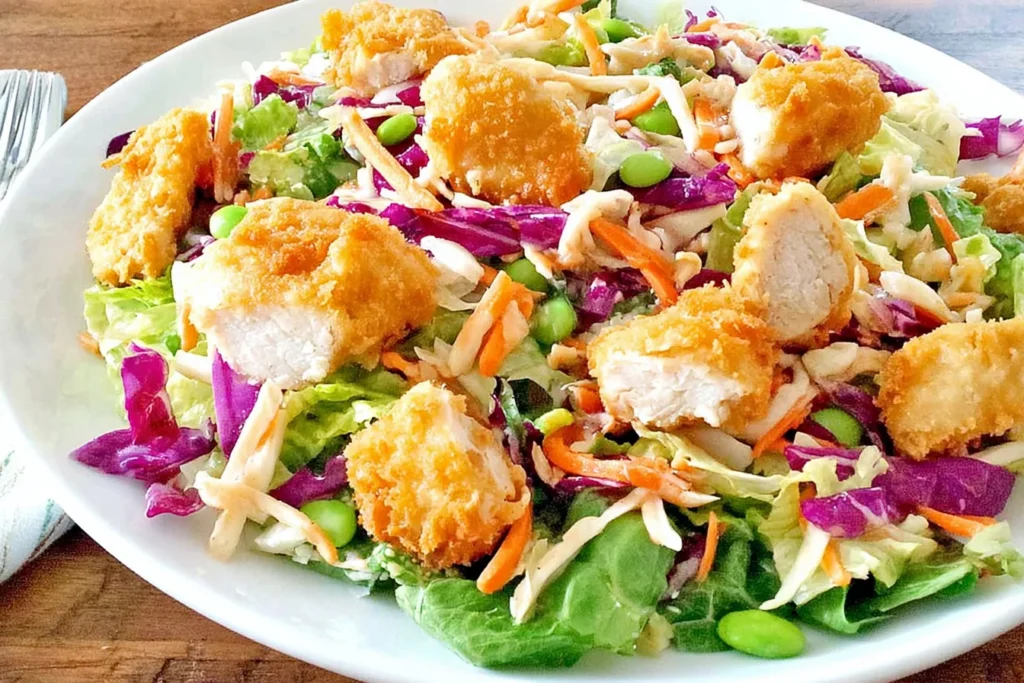 Applebee’s Oriental Chicken Salad with crispy breaded chicken, romaine, red cabbage, shredded carrots, and crunchy toppings on a white plate.
