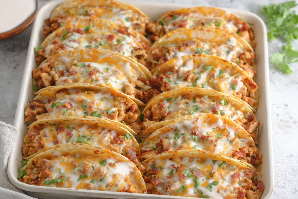 Baked Chicken Bacon Ranch Tacos baked in a casserole dish with melted cheese, crispy tortillas, and fresh herbs on top.