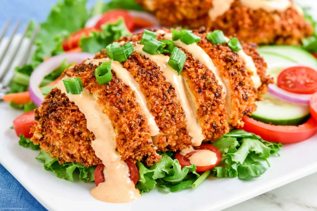 Crispy Buffalo Chicken sliced and drizzled with creamy buffalo ranch sauce, served over fresh lettuce, tomatoes, cucumbers, and topped with green onions.