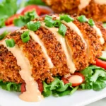 Crispy Buffalo Chicken sliced and drizzled with creamy buffalo ranch sauce, served over fresh lettuce, tomatoes, cucumbers, and topped with green onions.