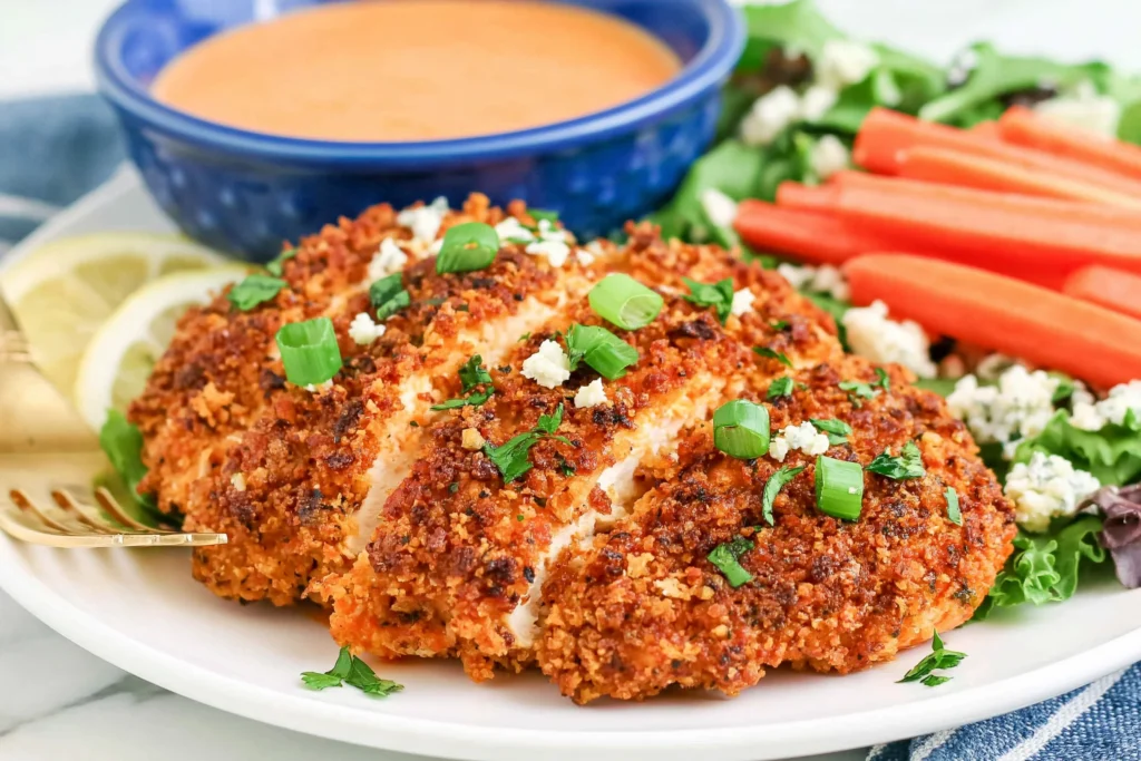 Crispy Buffalo Chicken baked until golden and crunchy, topped with green onions and blue cheese crumbles, served with buffalo ranch dipping sauce and fresh vegetables.