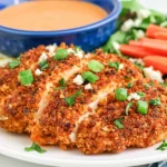 Crispy Buffalo Chicken baked until golden and crunchy, topped with green onions and blue cheese crumbles, served with buffalo ranch dipping sauce and fresh vegetables.