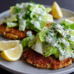 Caesar Salad Chicken Cutlets topped with romaine Caesar salad and creamy dressing, served with lemon wedges on a plate.