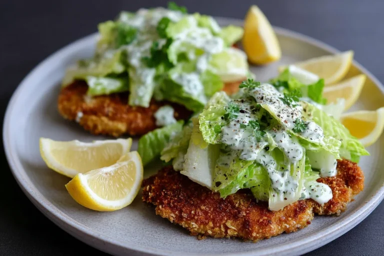 Caesar Salad Chicken Cutlets topped with romaine Caesar salad and creamy dressing, served with lemon wedges on a plate.