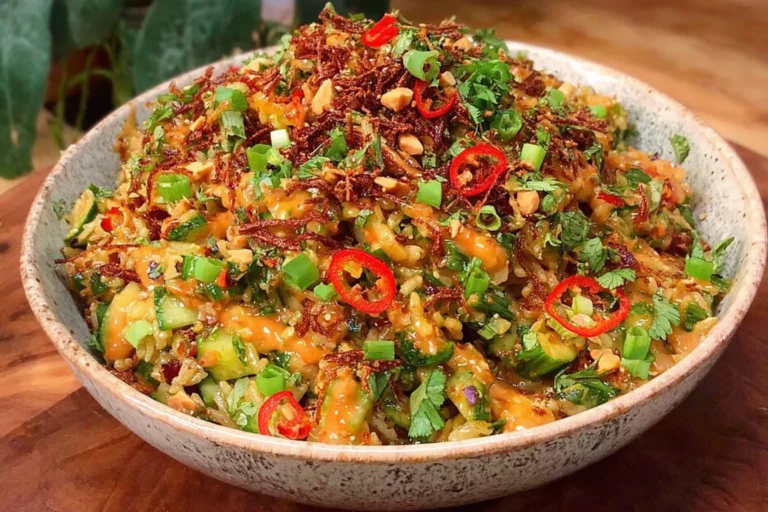 Crispy Rice Salad with Peanut-Chili Dressing topped with herbs, peanuts, and sliced red chili in a bowl.
