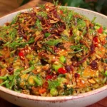 Crispy Rice Salad with Peanut-Chili Dressing in a bowl, topped with crispy rice, dill, scallions, peanuts, and sliced red chiles.
