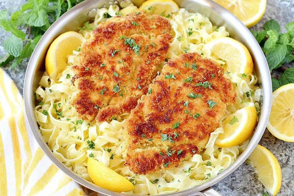 Skillet Romano Chicken with Lemon Garlic Pasta topped with lemon wedges and parsley over buttery noodles, ready for an easy weeknight dinner.