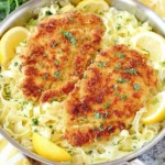 Skillet Romano Chicken with Lemon Garlic Pasta topped with lemon wedges and parsley over buttery noodles, ready for an easy weeknight dinner.