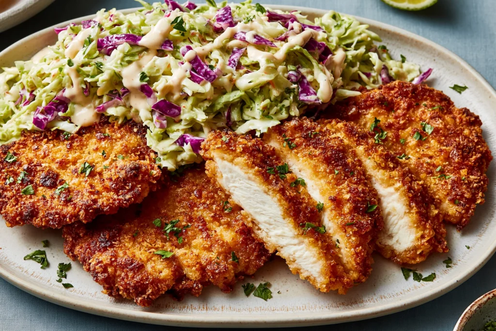 Crunchy Coconut Chicken with crispy golden coconut-panko coating, sliced juicy chicken cutlets, and fresh cabbage slaw topped with creamy spicy dressing.