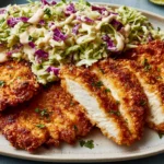 Crunchy Coconut Chicken with crispy golden coconut-panko coating, sliced juicy chicken cutlets, and fresh cabbage slaw topped with creamy spicy dressing.