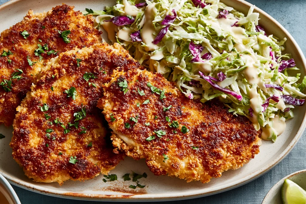 Crunchy Coconut Chicken served with fresh cabbage slaw and creamy dressing, featuring crispy golden coconut-crusted chicken cutlets on a platter.