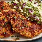 Crunchy Coconut Chicken served with fresh cabbage slaw and creamy dressing, featuring crispy golden coconut-crusted chicken cutlets on a platter.