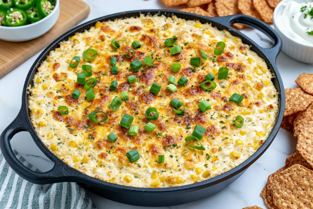Baked Elote Dip in a cast-iron skillet topped with melted golden cheese, sweet corn, and fresh green onions, served with crackers for dipping.