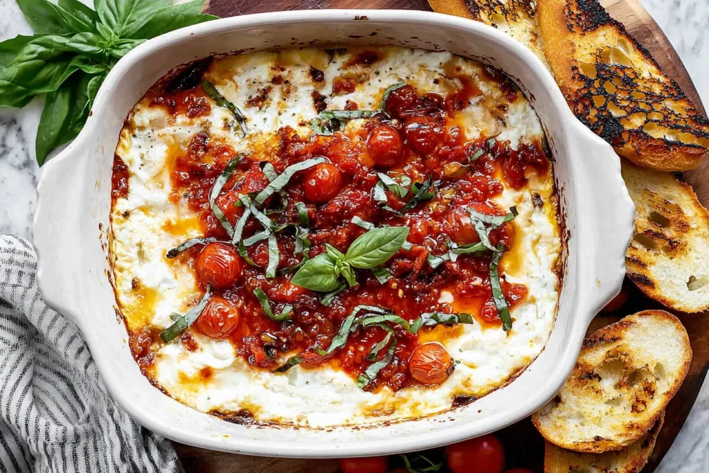 Baked Goat Cheese Bruschetta Dip baked until bubbly in a white casserole dish, topped with cherry tomatoes, basil ribbons, and balsamic drizzle with toasted crostini.