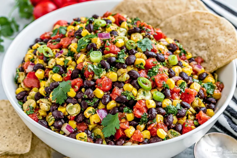 Black Bean Corn Salsa served in a bowl with black beans, sweet corn, cilantro, red onion, and tortilla chips, a fresh and colorful appetizer for parties and summer gatherings.