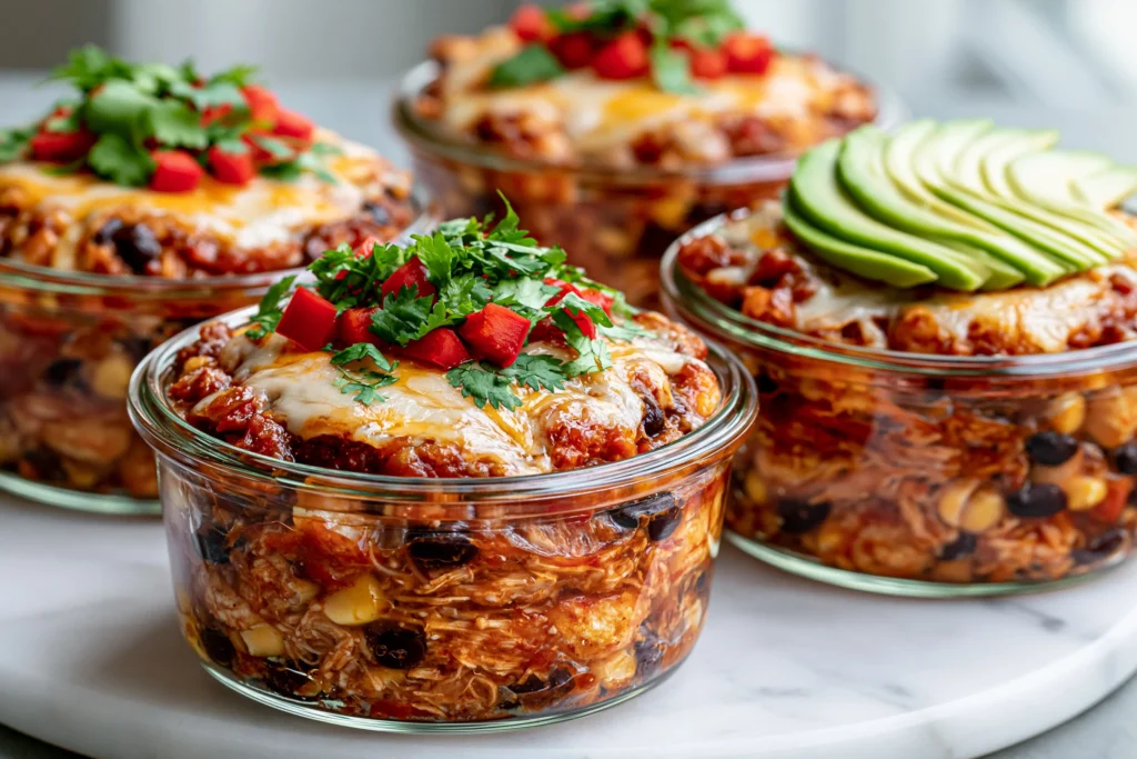 Chicken Cottage Cheese Enchilada Bowls with shredded chicken, black beans, corn, melted cheese, fresh cilantro, diced red peppers, and sliced avocado in individual glass bowls.