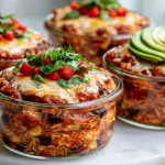 Chicken Cottage Cheese Enchilada Bowls with shredded chicken, black beans, corn, melted cheese, fresh cilantro, diced red peppers, and sliced avocado in individual glass bowls.