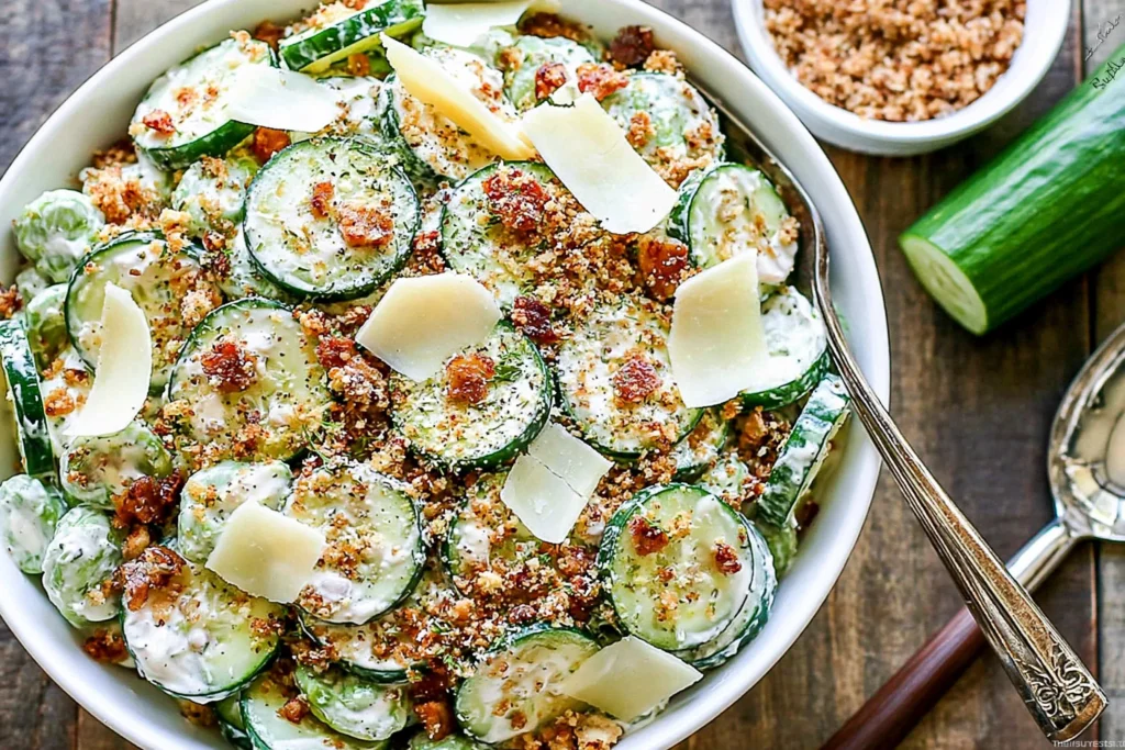 Cucumber Caesar Salad with creamy Caesar dressing, crispy bacon, shaved Parmesan, and toasted breadcrumbs in a serving bowl.