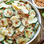 Cucumber Caesar Salad with creamy Caesar dressing, crispy bacon, shaved Parmesan, and toasted breadcrumbs in a serving bowl.