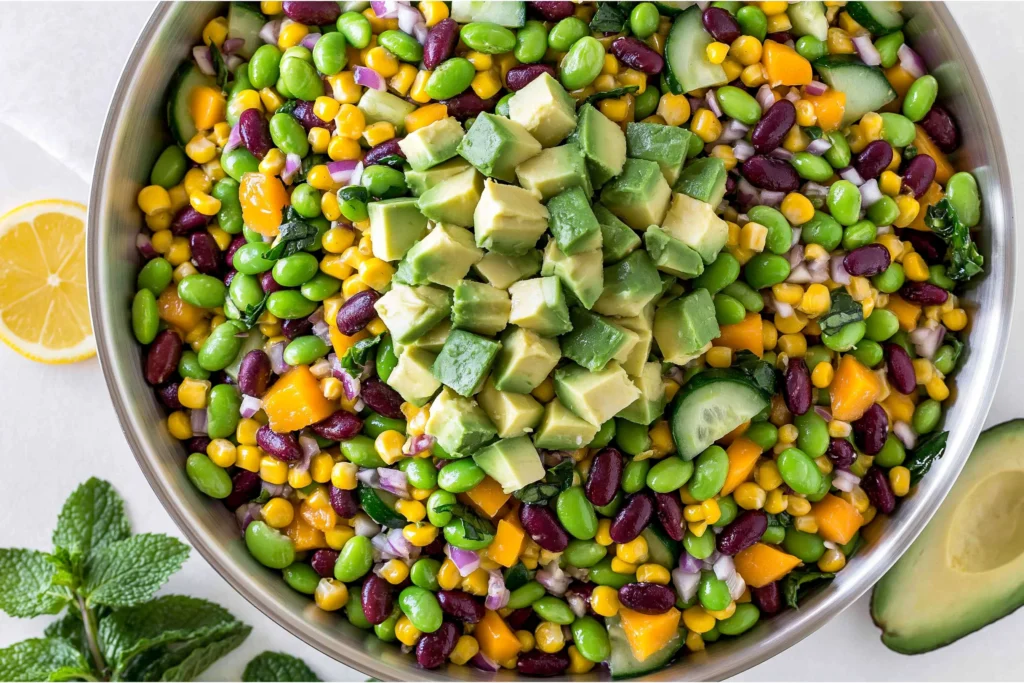 Colorful Edamame Mango Salad topped with creamy avocado, black beans, sweet corn, cucumber, and red onion in a large serving bowl.