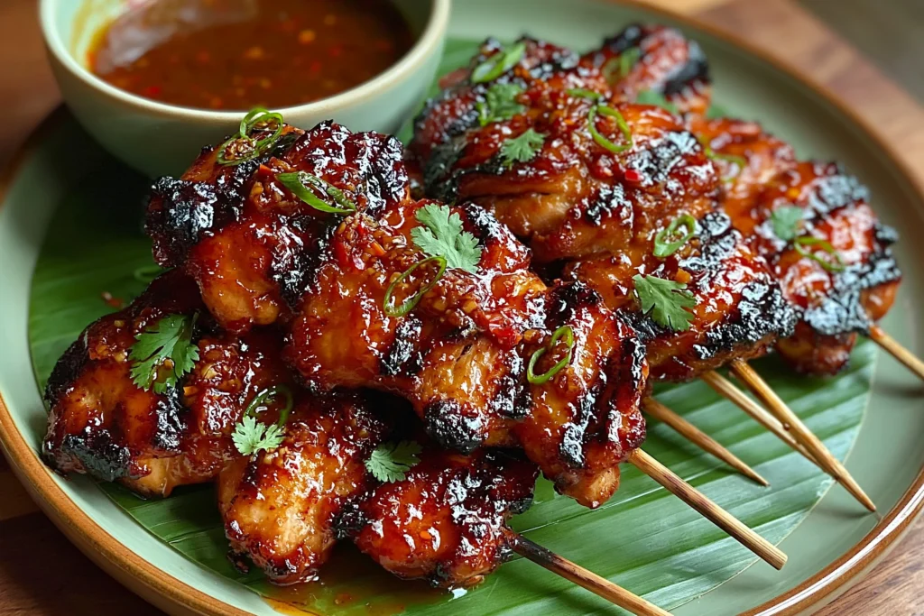 Filipino Chicken Barbecue skewers glazed with a sweet and savory marinade, grilled to perfection with charred edges and served with dipping sauce on banana leaves.