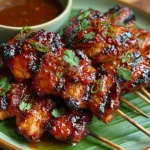 Filipino Chicken Barbecue skewers glazed with a sweet and savory marinade, grilled to perfection with charred edges and served with dipping sauce on banana leaves.