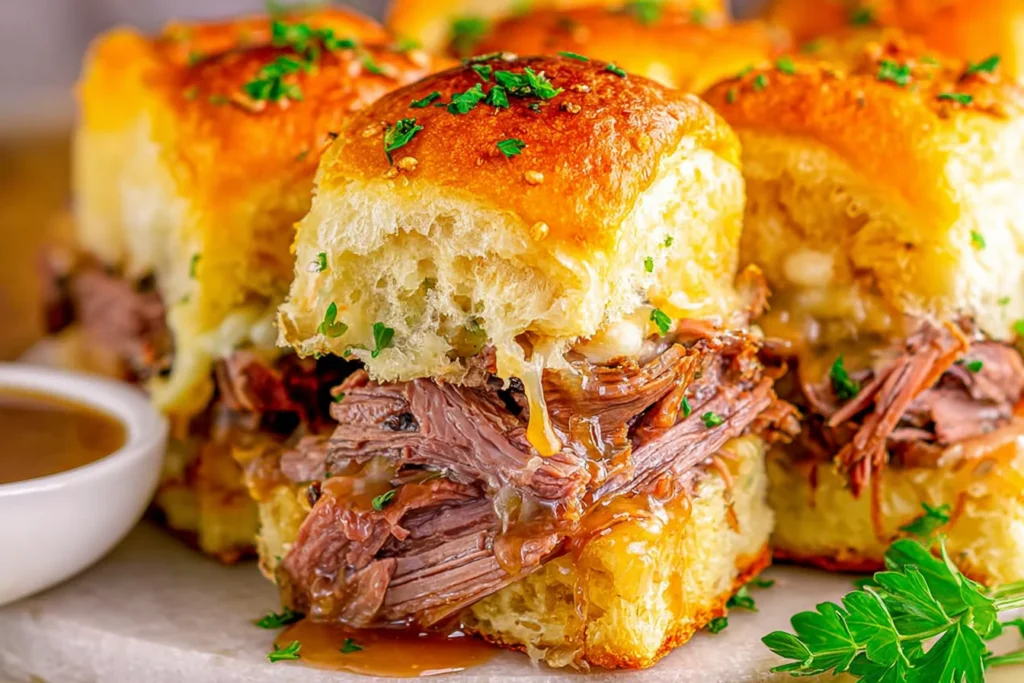 Close-up of French Dip Sliders on Hawaiian rolls with roast beef, melted provolone, caramelized onions, and au jus for dipping.