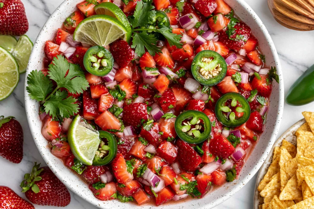 Fresh Strawberry Salsa with juicy strawberries, jalapeño slices, red onion, cilantro, and lime, served in a bowl with crispy tortilla chips.