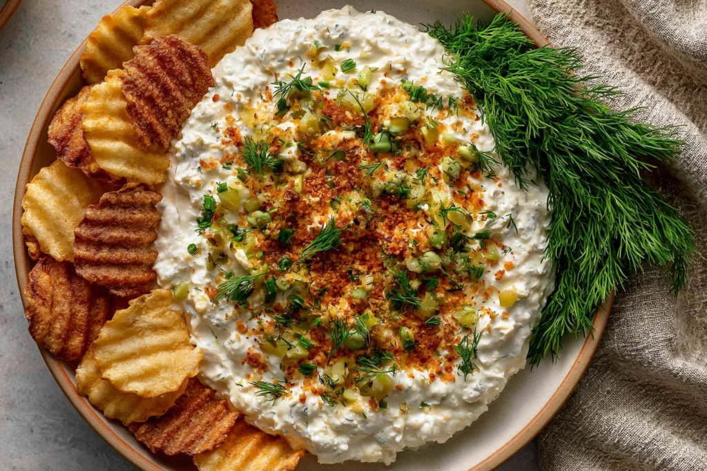 Fried Pickle Dip topped with chopped dill pickles, toasted panko breadcrumbs, and fresh dill, served with crispy ridged potato chips on a platter.