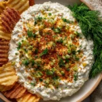 Fried Pickle Dip topped with chopped dill pickles, toasted panko breadcrumbs, and fresh dill, served with crispy ridged potato chips on a platter.