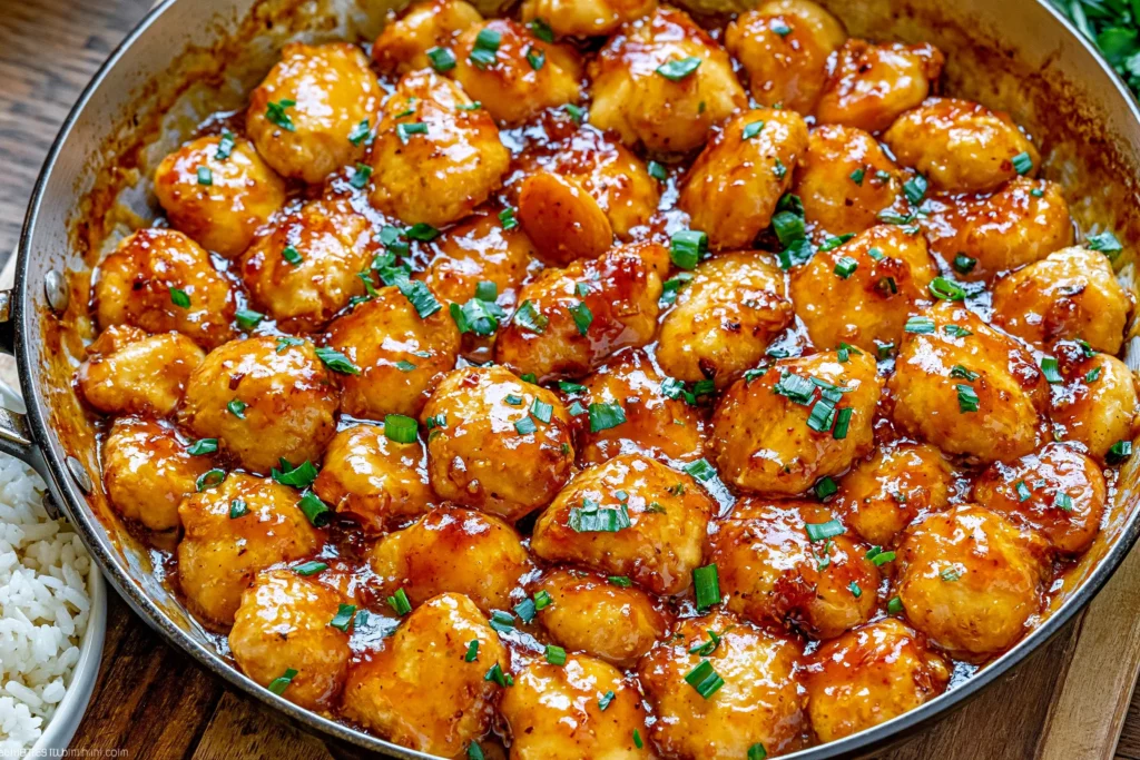 Honey Garlic Chicken in a skillet with crispy golden chicken pieces coated in a glossy honey garlic sauce and topped with fresh green onions