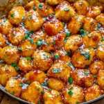 Honey Garlic Chicken in a skillet with crispy golden chicken pieces coated in a glossy honey garlic sauce and topped with fresh green onions