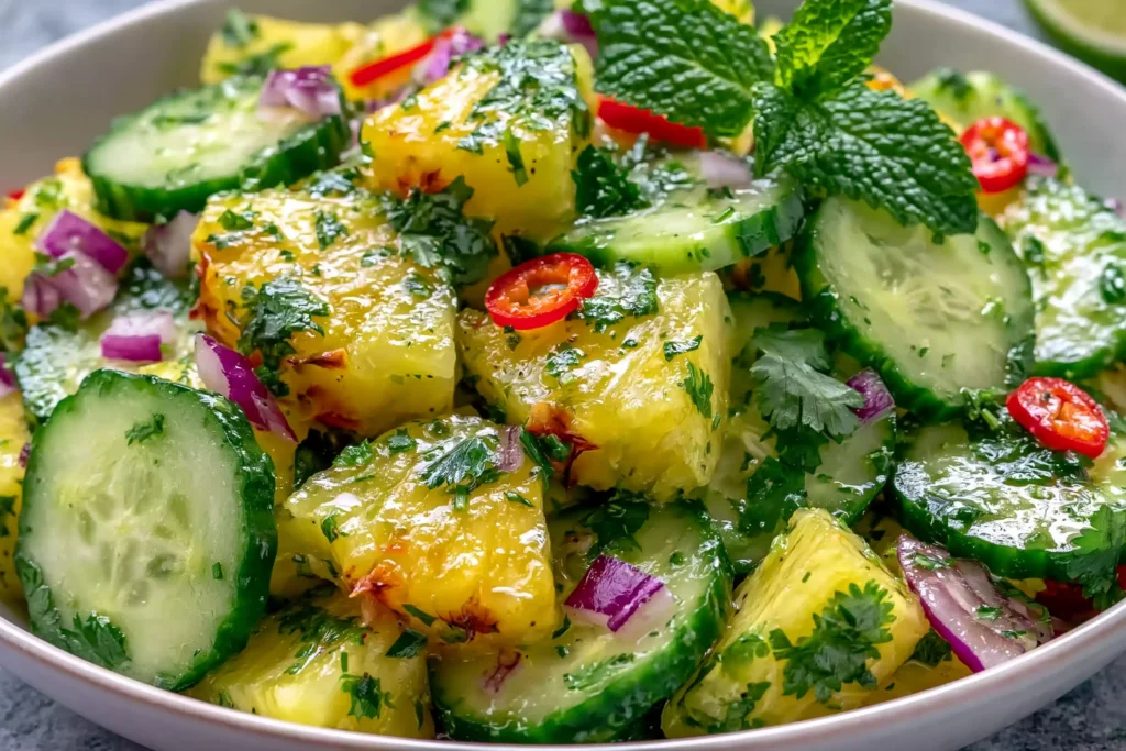 Pineapple Cucumber Salad with juicy pineapple, crisp cucumber, fresh cilantro, red onion, mint, and sliced chili tossed in a zesty lime dressing.