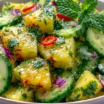 Pineapple Cucumber Salad with juicy pineapple, crisp cucumber, fresh cilantro, red onion, mint, and sliced chili tossed in a zesty lime dressing.