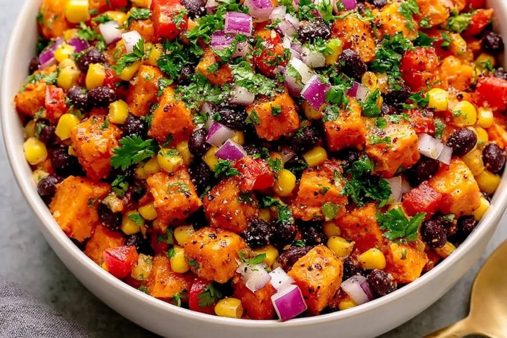 Roasted Sweet Potato Black Bean Salad made with roasted sweet potatoes, black beans, sweet corn, red bell peppers, red onion, fresh cilantro, and a zesty lime dressing.