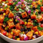 Roasted Sweet Potato Black Bean Salad made with roasted sweet potatoes, black beans, sweet corn, red bell peppers, red onion, fresh cilantro, and a zesty lime dressing.