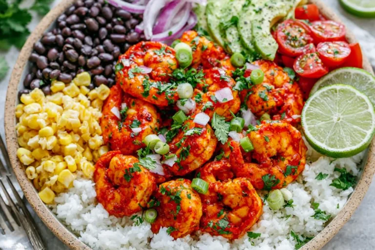 Fiesta Lime Shrimp Bowl with spicy lime-marinated shrimp, white rice, black beans, corn, avocado, cherry tomatoes, red onion, and fresh cilantro.