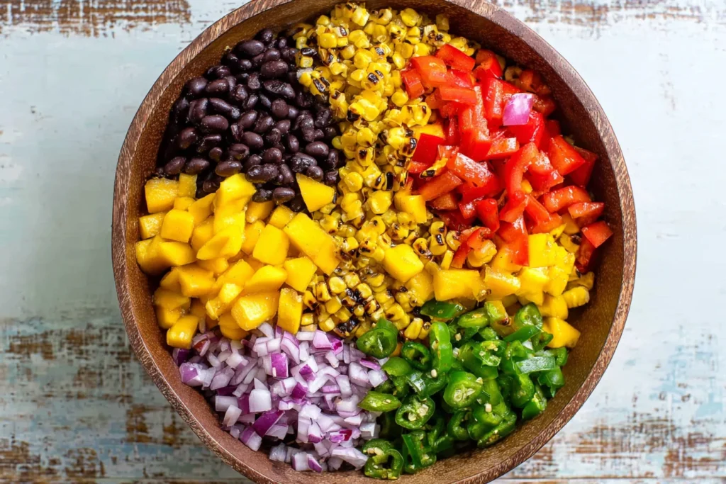 Ingredients for Fiesta Mango Quinoa Salad arranged in a bowl with black beans, corn, mango, red bell pepper, red onion, and sliced jalapeños.
