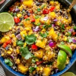 Fiesta Mango Quinoa Salad in a blue bowl with black beans, corn, red pepper, red onion, cilantro, and fresh lime wedges.