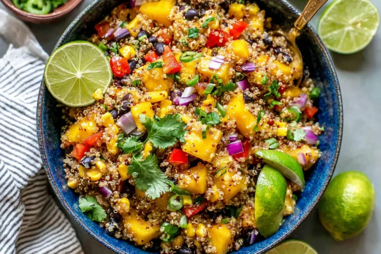 Fiesta Mango Quinoa Salad in a blue bowl with black beans, corn, red pepper, red onion, cilantro, and fresh lime wedges.