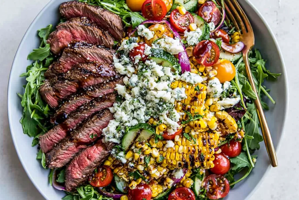 Balsamic Steak Gorgonzola Salad with Grilled Corn topped with sliced grilled steak, creamy Gorgonzola cheese, charred corn, cherry tomatoes, cucumbers, red onion, and fresh greens.