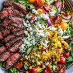 Balsamic Steak Gorgonzola Salad with Grilled Corn topped with sliced grilled steak, creamy Gorgonzola cheese, charred corn, cherry tomatoes, cucumbers, red onion, and fresh greens.