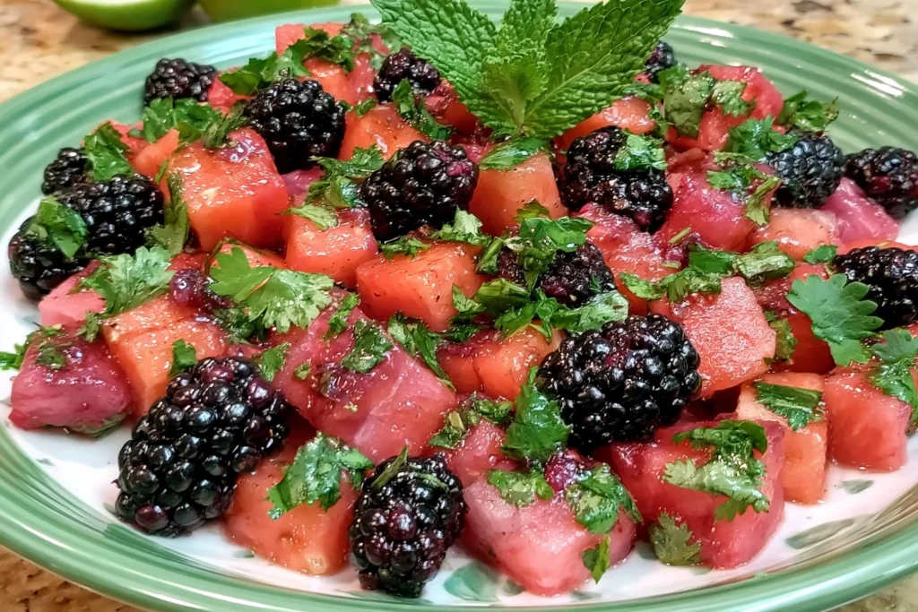 Balsamic Watermelon & Blackberry Salad made with juicy watermelon cubes, fresh blackberries, chopped mint, and balsamic vinegar, served as a colorful summer fruit salad.
